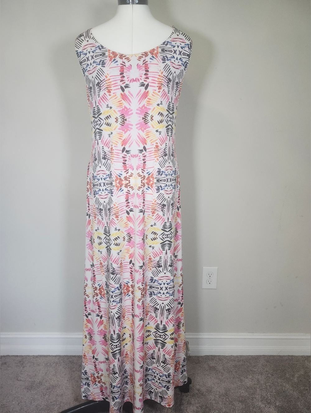 Ivanka Trump Razorback Halter Gold Ring Multicolor Abstract Print Maxi Dress S L